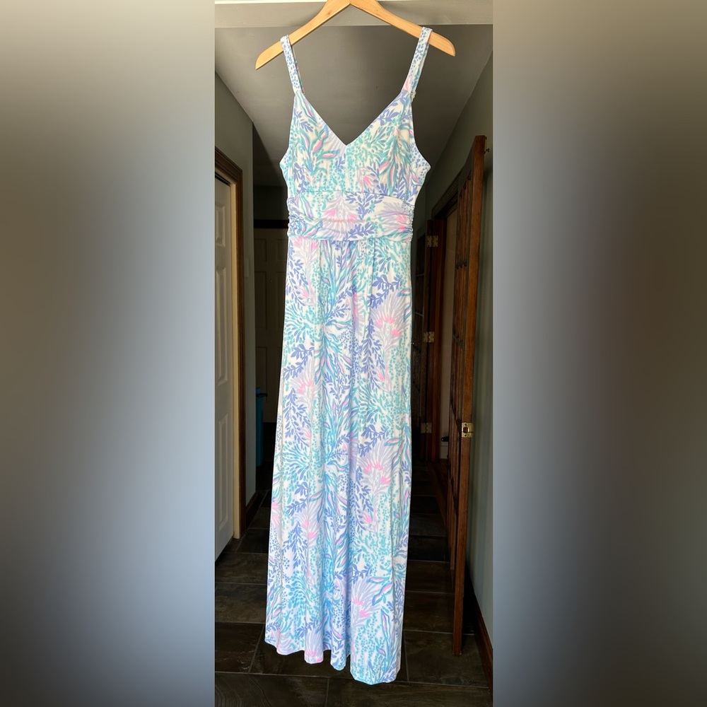 Lilly Pulitzer Adjustable Strap Print Maxi Sundress Dress Size 8 Blue White Pink